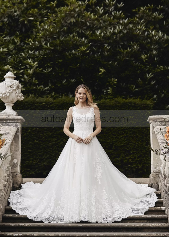 Ivory Lace Tulle Sheer Buttons Back Latest Wedding Dress Ivory Lace Tulle Sheer Buttons Back Latest Wedding Dress